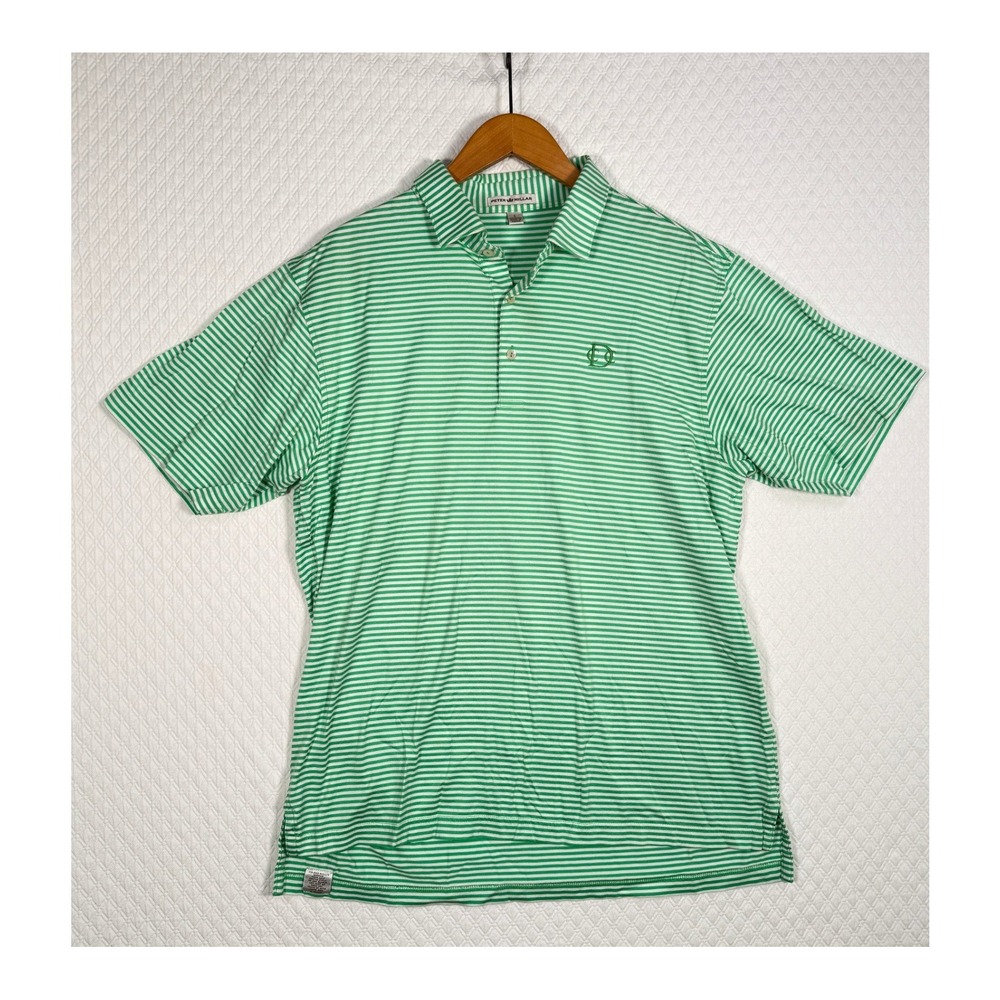 Peter Millar Mens L Green White Striped Cotton Polo Shirt DCC Logo Short Sleeve